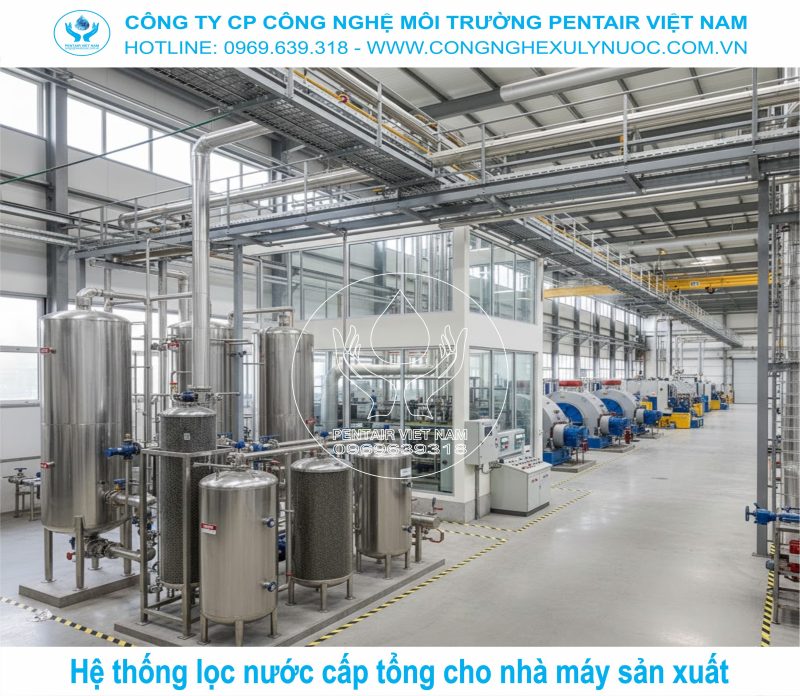 Hệ thống lọc nước cấp tổng công suất lớn cho nhà máy sản xuất công nghiệp.