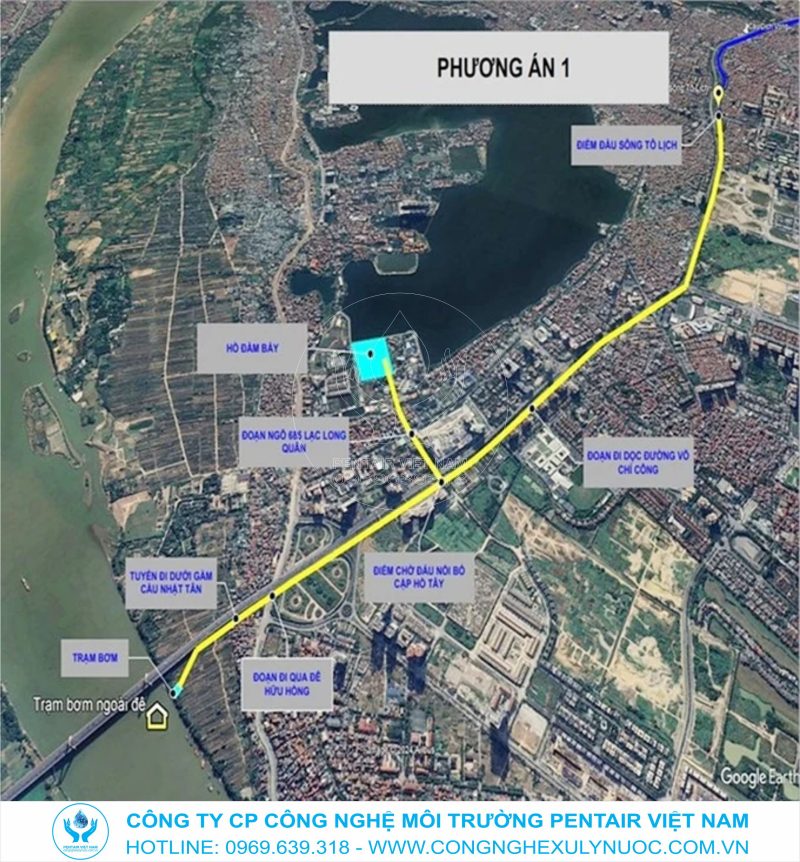 Bản đồ/Sơ đồ phương án cải tạo sông Tô Lịch thành công viên văn hóa, tâm linh và hệ thống hầm ngầm xử lý nước thải theo đề xuất năm 2024.