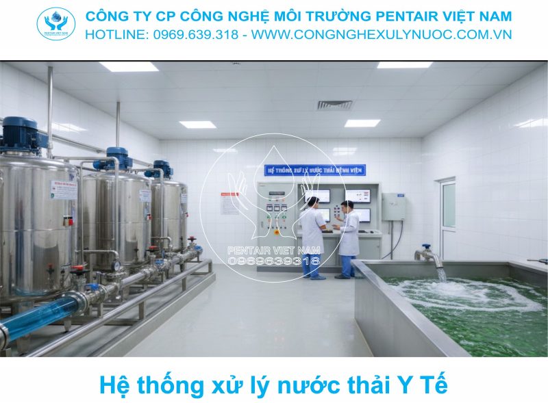 Công nhân đang thi công lắp đặt cốt thép và cốp pha cho hệ thống bể xử lý nước thải y tế ngầm