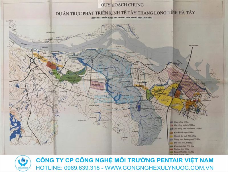Bản đồ quy hoạch hoặc thực địa tuyến kênh chuyển nước chạy dọc trục đường Tây Thăng Long từ Sơn Tây về sông Nhuệ đã cắm mốc.