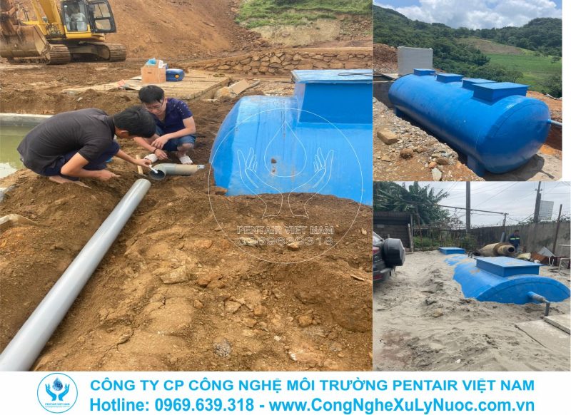 Công nhân đang lắp đặt đấu nối đường ống nhựa uPVC vào hệ thống bể tự hoại composite công suất 50m3/ngày đêm tại dự án khai thác quặng sắt Đèo Gió, Ngân Sơn, Bắc Kạn.