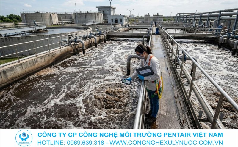 Hình ảnh kỹ thuật viên đang thực hiện quy trình nuôi cấy vi sinh tại bể Aerotank của hệ thống xử lý nước thải công nghiệp.