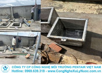 Công nhân lắp đặt hệ thống đường ống và thiết bị dưới bể ngầm trạm xử lý nước thải sinh hoạt 45m3 tại nhà máy Jiazheng Thái Nguyên.