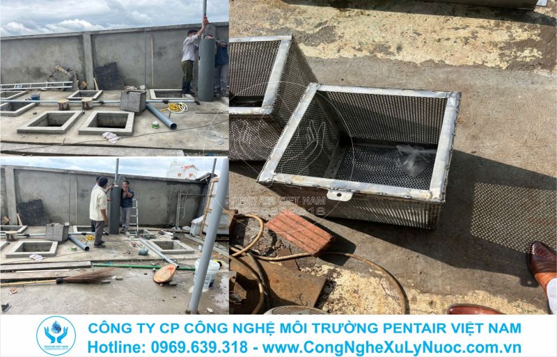 Công nhân lắp đặt hệ thống đường ống và thiết bị dưới bể ngầm trạm xử lý nước thải sinh hoạt 45m3 tại nhà máy Jiazheng Thái Nguyên.