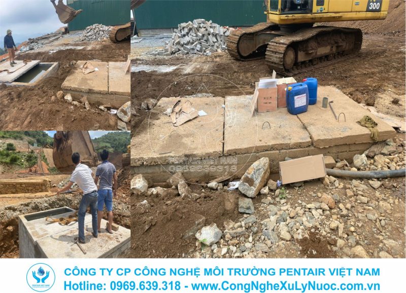 Hình ảnh công nhân đang thi công xây dựng bể ngầm cho hệ thống xử lý nước thải công suất 50m3 mỗi ngày tại dự án khai thác quặng sắt tiểu khu Đèo Gió, huyện Ngân Sơn, tỉnh Bắc Kạn.