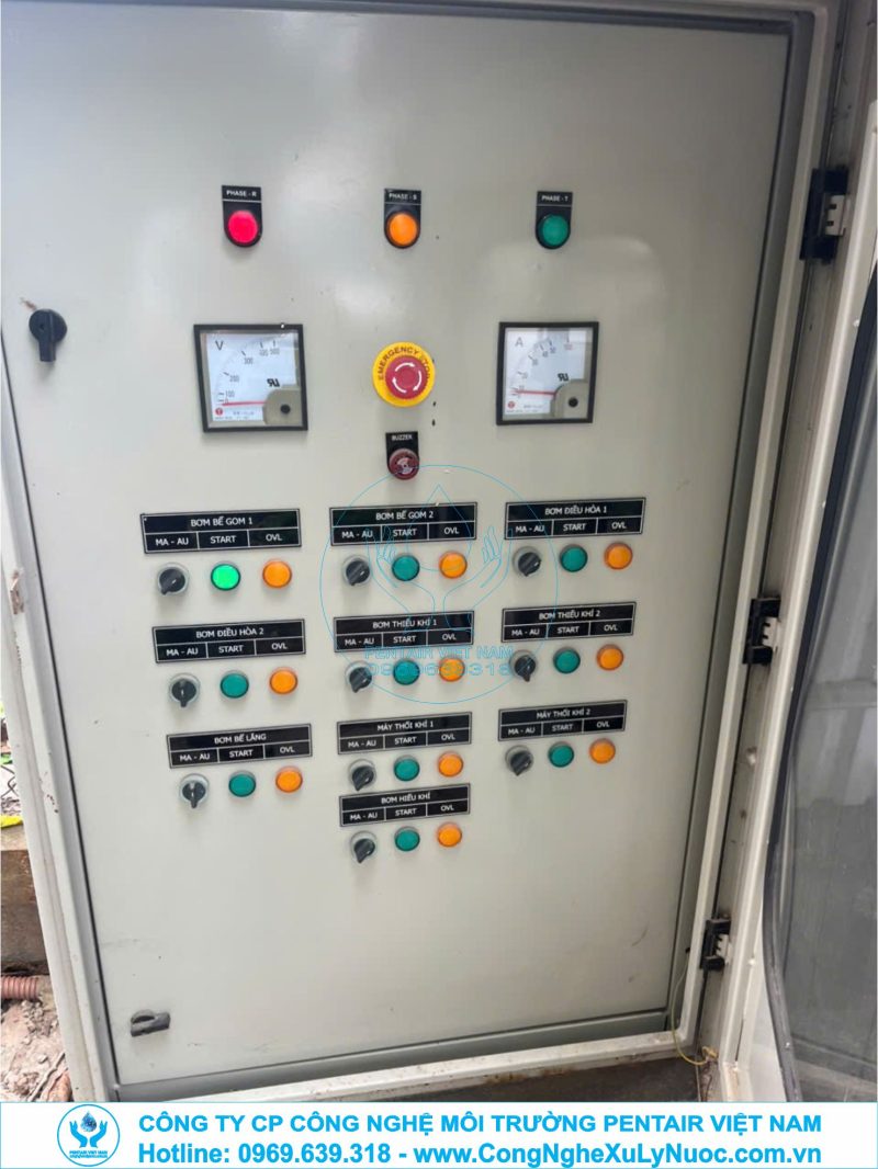 Nhân viên kỹ thuật đang bảo trì tủ điện điều khiển trung tâm hệ thống xử lý nước thải công suất 50m3/ngày đêm tại KCN Tiên Sơn Bắc Ninh